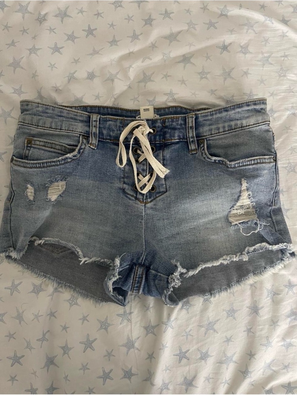 Billabong Light Blue Lace-Up Distressed Denim Shorts